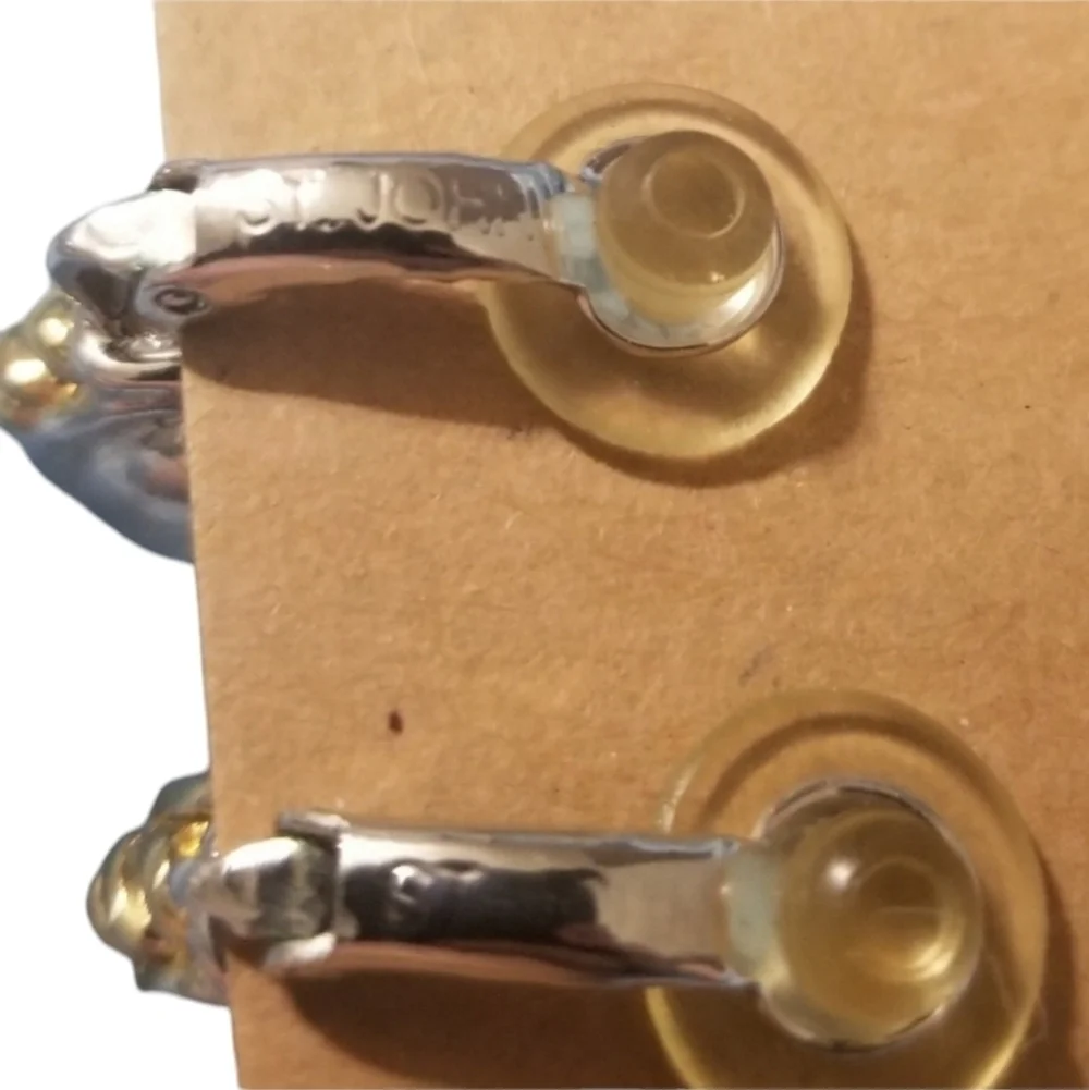 VINTAGE St. John Blue Cat Eye Buckle Clip-On Earrings Gold & Silver Tone